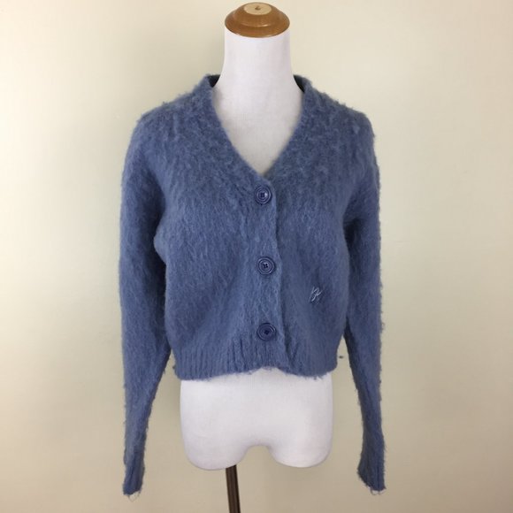 WE11DONE Blue Wool Blend Soft Knit Logo Buttons Embroidery Cropped Cardigan - Picture 5 of 13